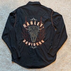 Harley Davidson Button Down Shirt Mens Medium Black Bull Skull Flame 96185-06VM